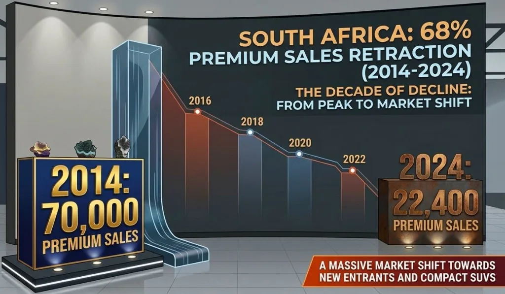 Chart showing 68 percent decline in combined Audi BMW Mini Mercedes-Benz sales South Africa 2014 to 2024