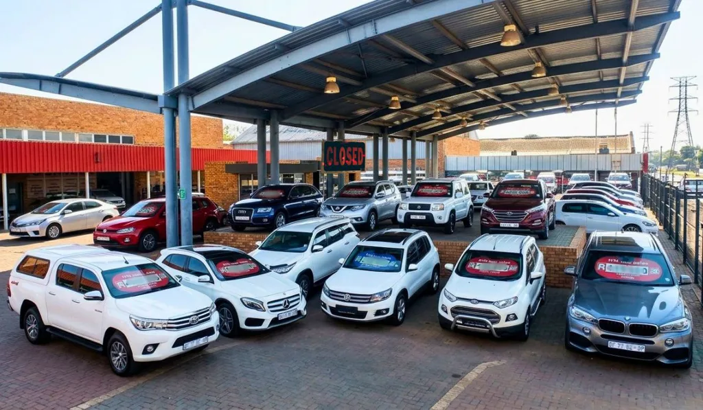 Quiet independent car dealership yard in South Africa showing reduced walk-in traffic