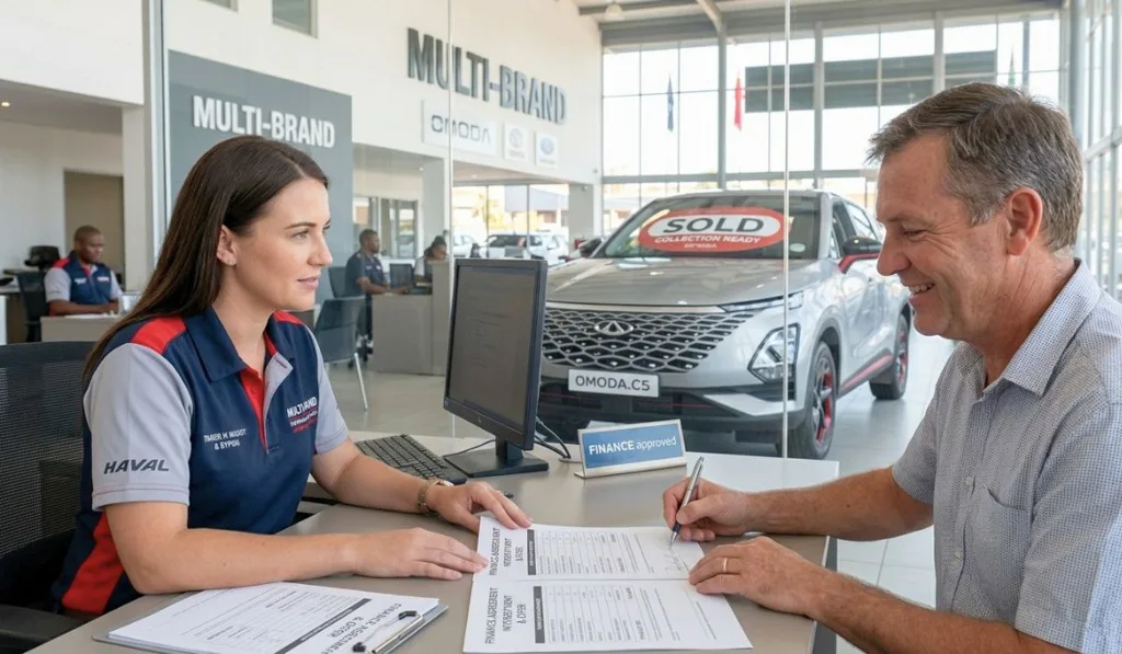 South African car buyer signing a vehicle finance agreement at a dealership.